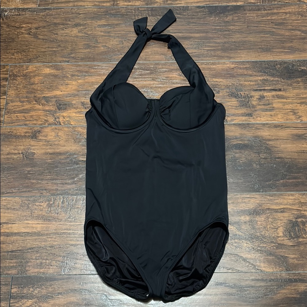Lands' End Black Halter One Piece Swimsuit with Underwire Support